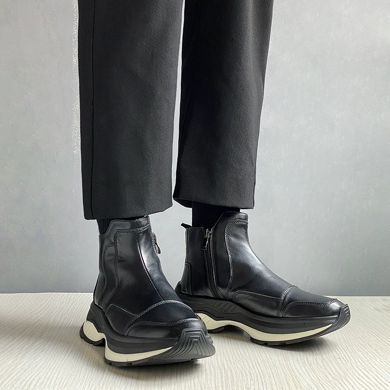 Sports leather boots cowhide line short boots heightening TPU bottom zipper thick sole men's boots