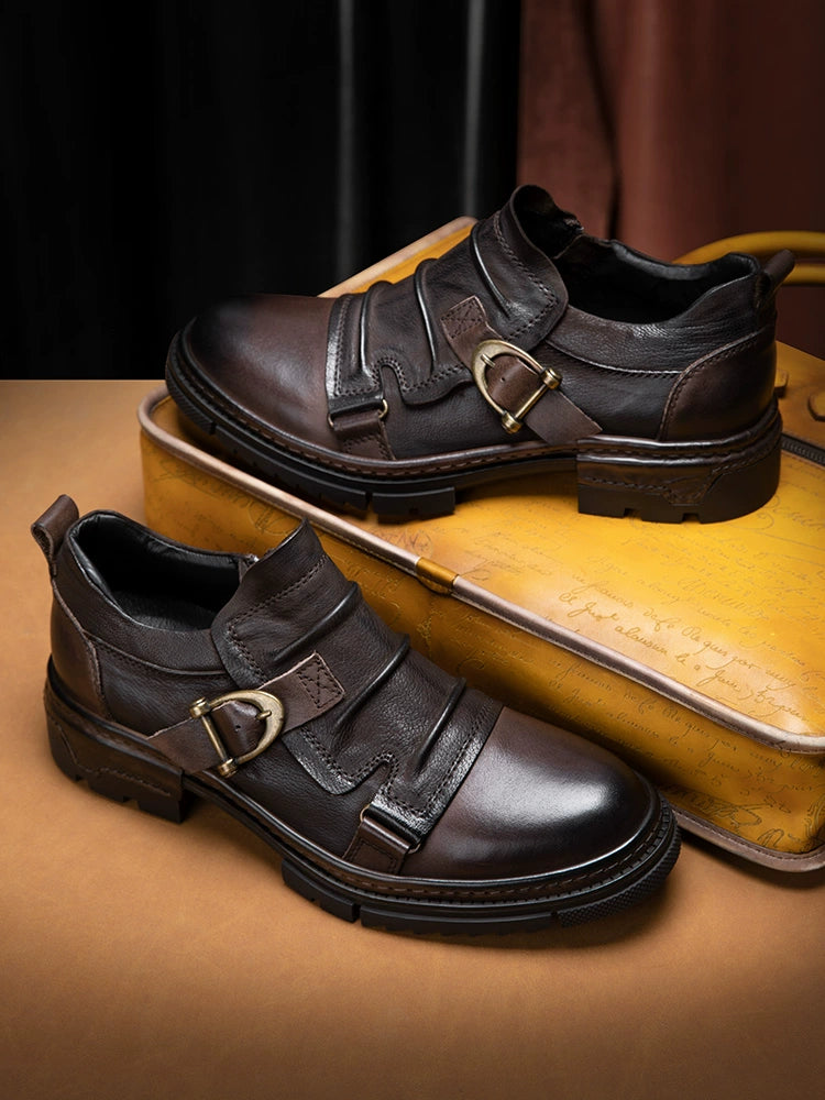 British retro casual leather shoes men's genuine leather one-pedal loafers platform-soled Chelsea Martin boots