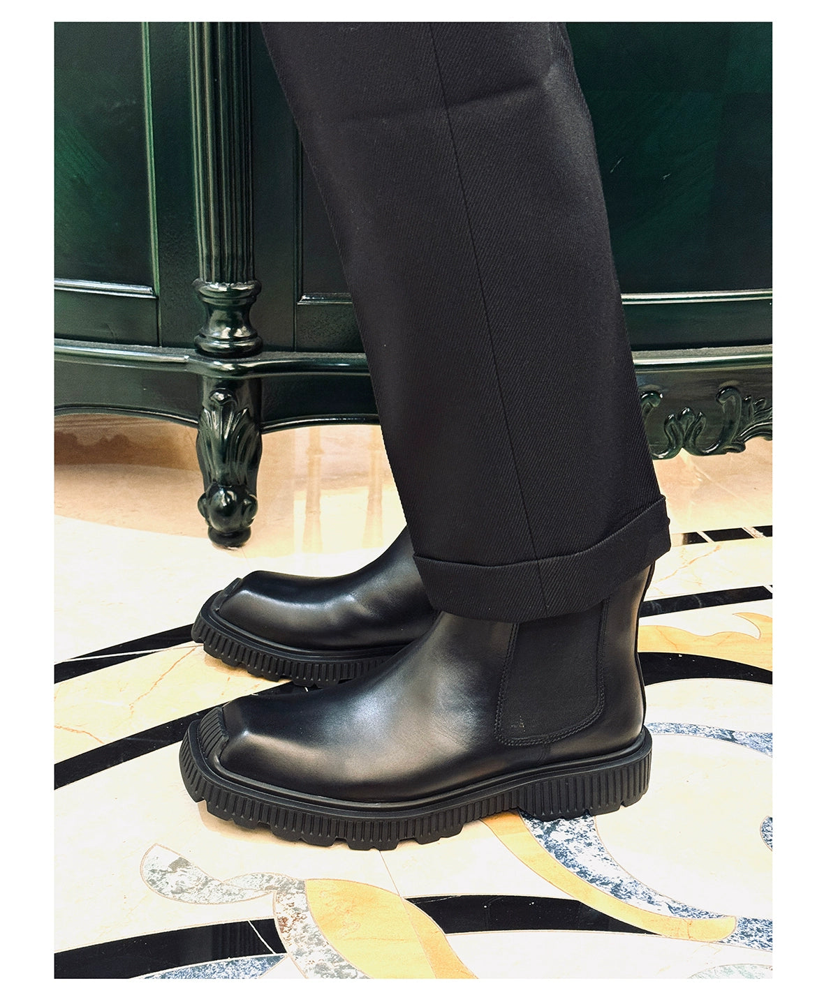 Square Head Chelsea Boots Cowhide Trend Sleeve Comfortable Lightweight Bottom Men's Boots Elastic Band