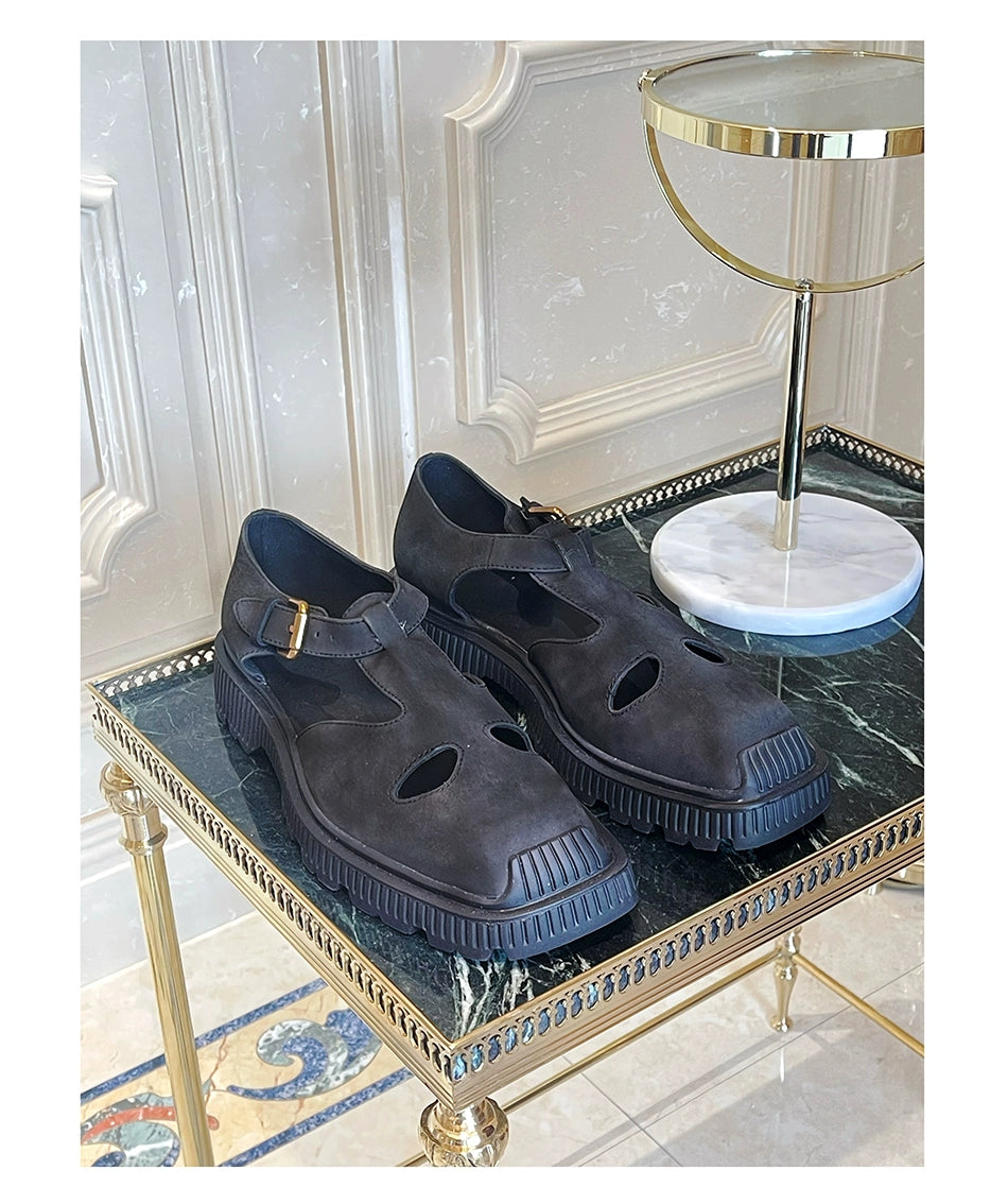 Hollow leather shoes frosted cowhide square head comfortable casual leather sandals hipster