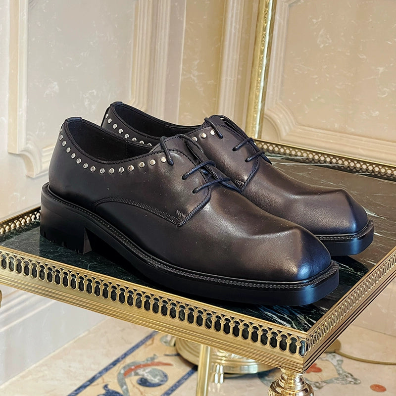 Thick-soled Derby shoes cowhide rivets special-shaped head heightened lace-up pure black personalized formal leather shoes