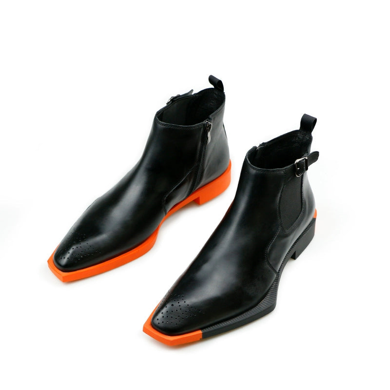 Special-shaped leather shoes men's boots square head Chelsea boots cowhide fashion leather boots elastic short boots