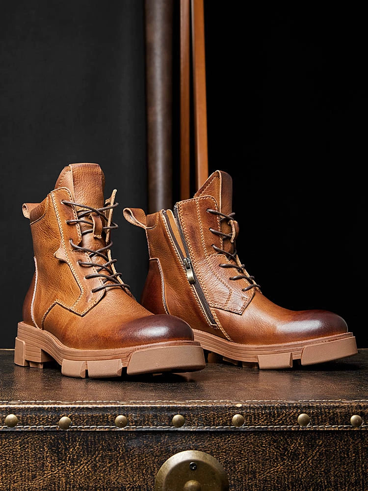 Height-increasing first-layer cowhide thick-soled tooling boots men's zipper retro Martin boots