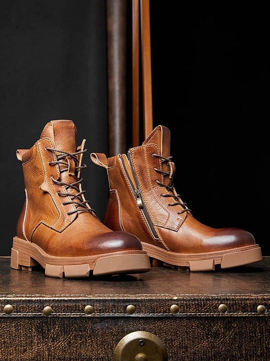 Height-increasing first-layer cowhide thick-soled tooling boots men's zipper retro Martin boots