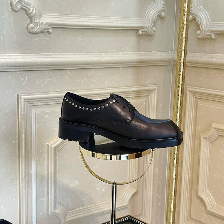 Thick-soled Derby shoes cowhide rivets special-shaped head heightened lace-up pure black personalized formal leather shoes