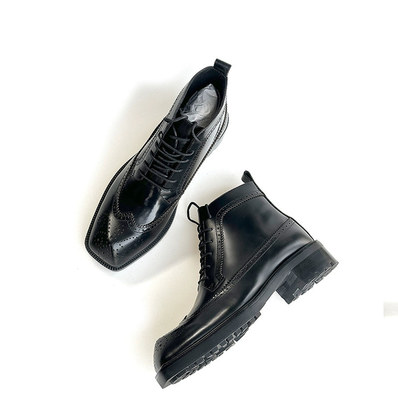 Carved Martin boots thick-soled special-shaped head pedicure cowhide bright black leather boots flat men's boots