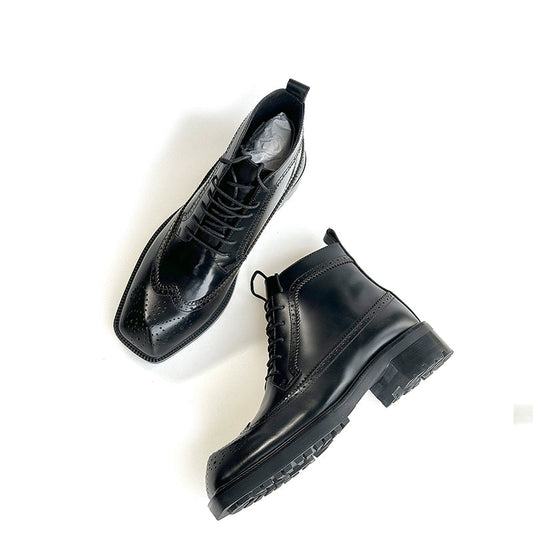 Carved Martin boots thick-soled special-shaped head pedicure cowhide bright black leather boots flat men's boots