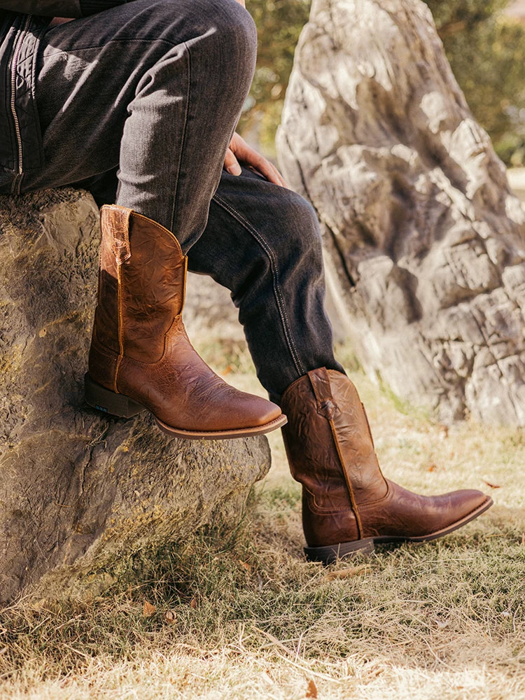 vintage embroidered leather western men brown denim boots