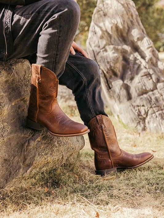 vintage embroidered leather western men brown denim boots