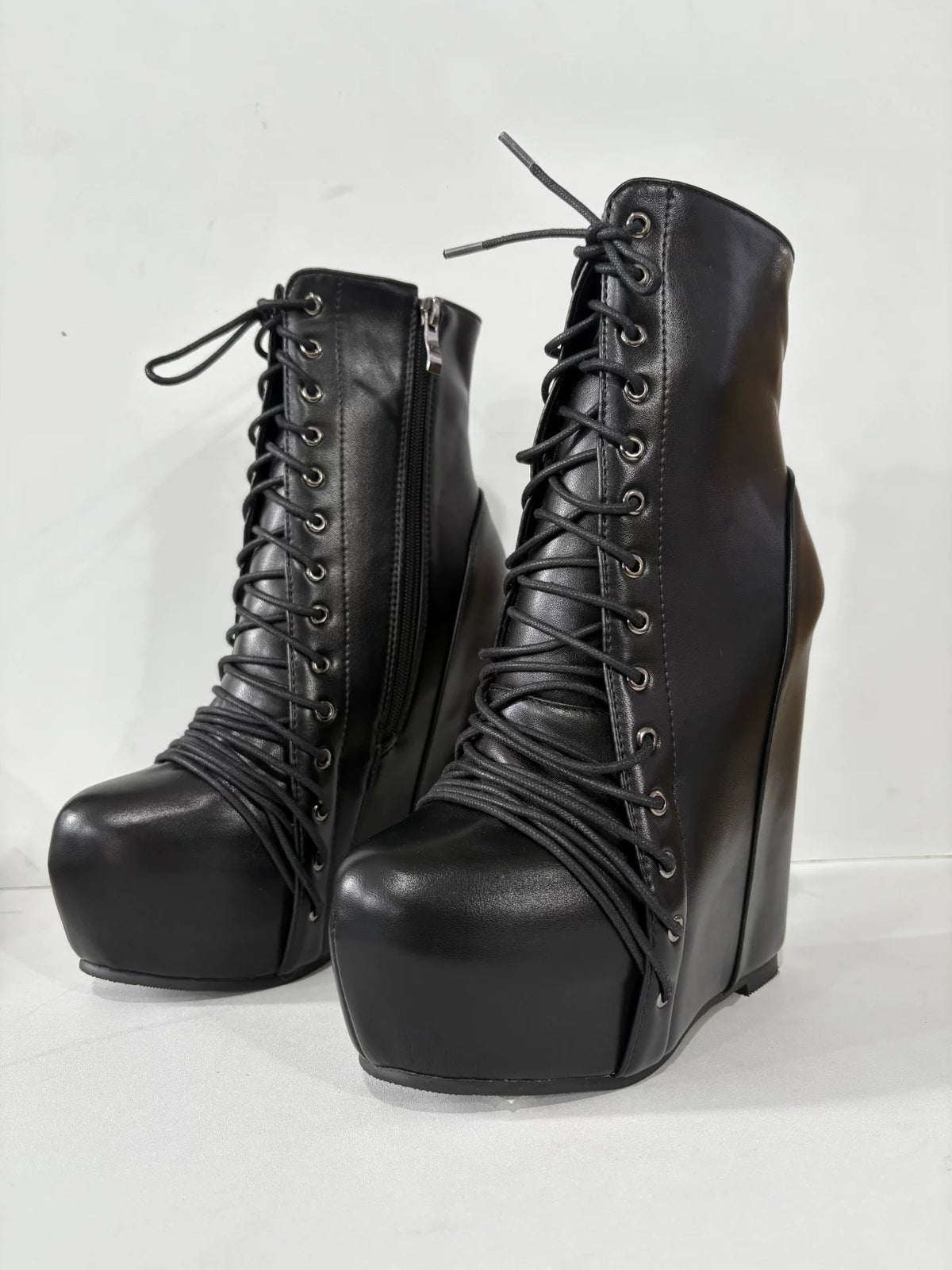 punk strap thick bottom waterproof table short boots women's slope heel super high heel black