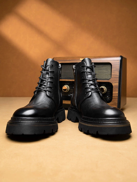 Martin boots men's leather heightening handmade zipper retro wind turbine boots men's short boots cowhide