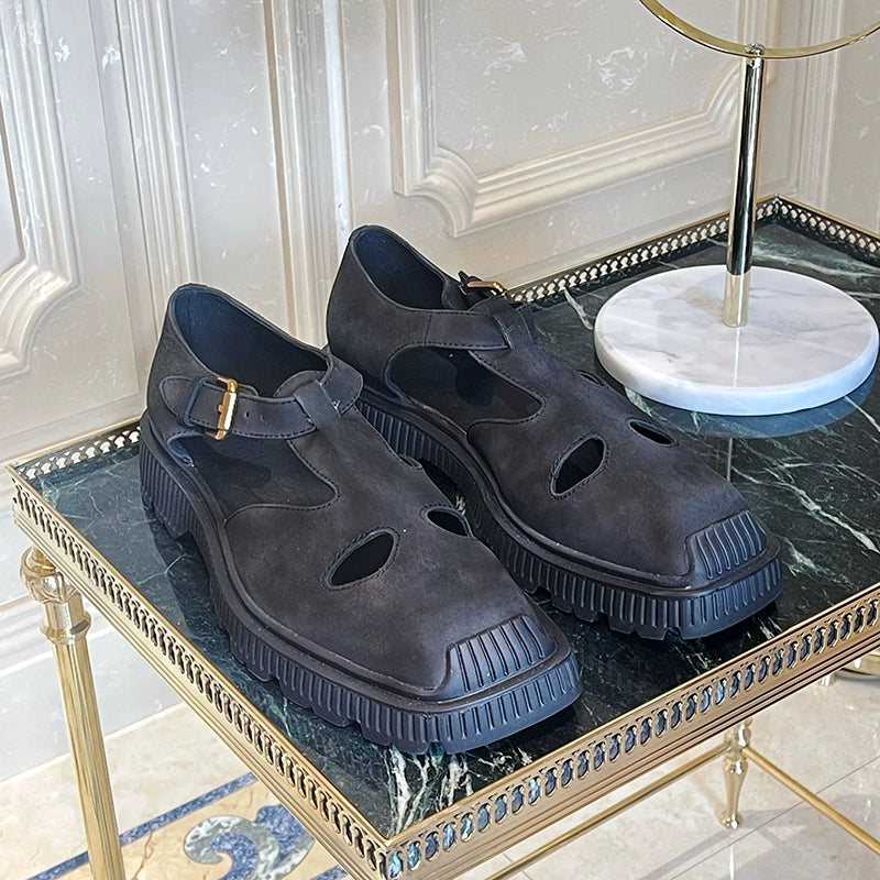 Hollow leather shoes frosted cowhide square head comfortable casual leather sandals hipster