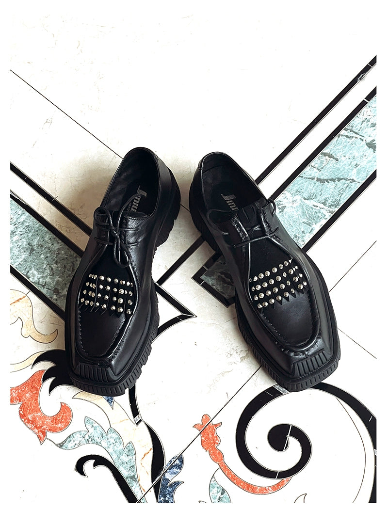 Square head casual kangaroo shoes fringed rivets TPU light bottom tide lace-up cowhide men's shoes