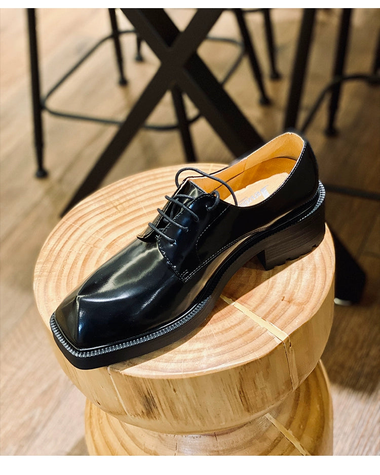 Special-shaped leather shoes personalized bottom first layer cowhide lace-up men's shoes black platform derby shoes