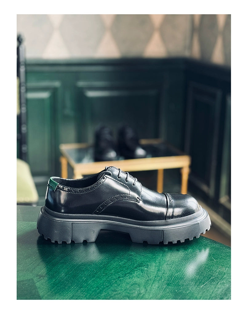 Leather shoes spring and autumn new leather fashion casual shoes pure black big head thick sole light men's shoes