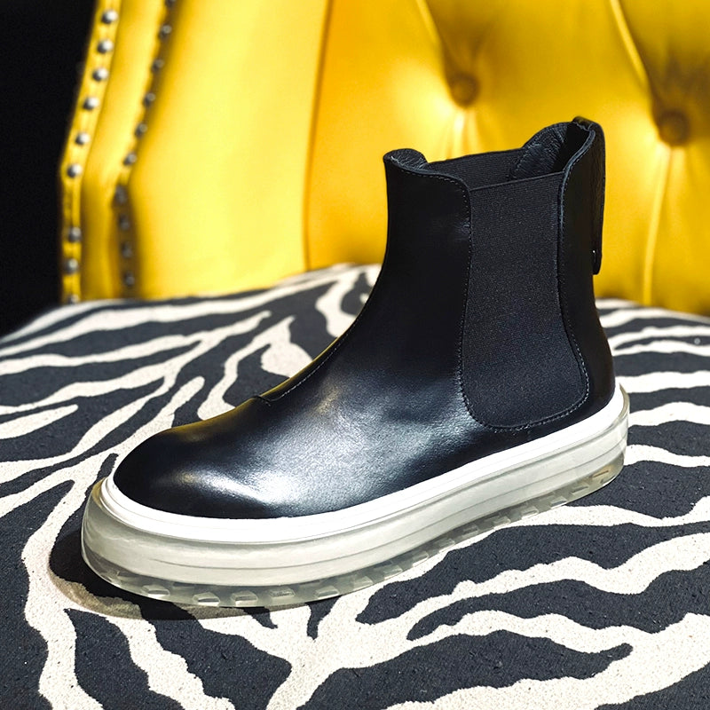 Transparent sole men's boots first layer cowhide Chelsea boots round head thick sole casual short boots