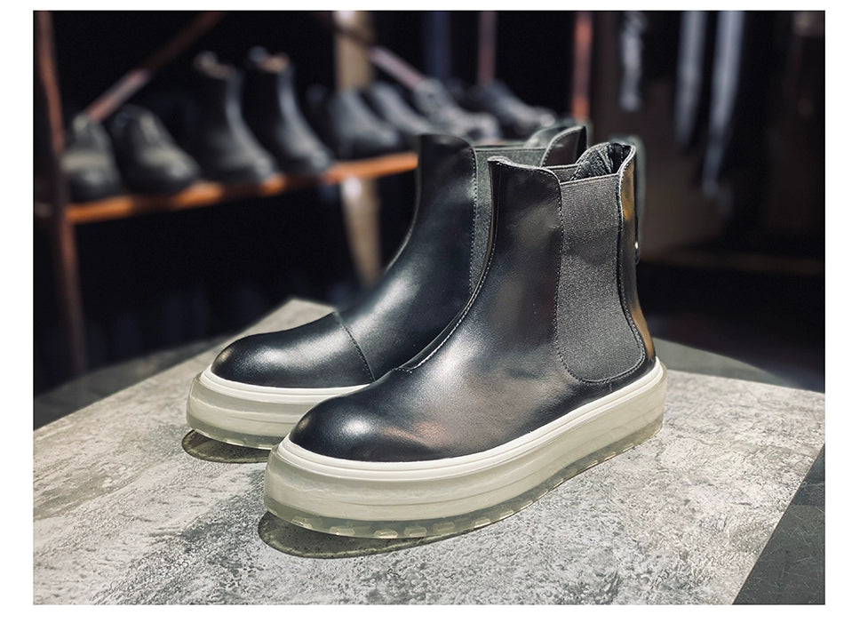 Transparent sole men's boots first layer cowhide Chelsea boots round head thick sole casual short boots