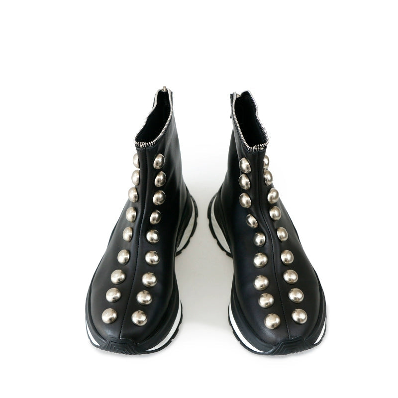 Sports leather boots cowhide zipper short boots increase the height of trendy men's big rivets thick-soled men's boots