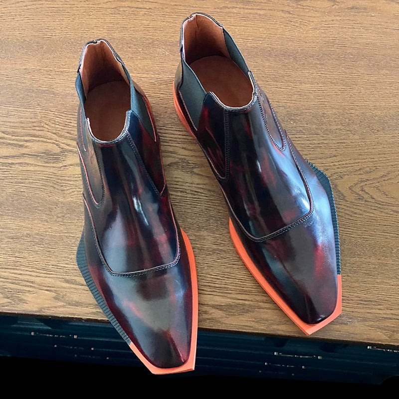 Special-shaped sole men's boots square head Chelsea boots cowhide fashion leather boots elastic short boots