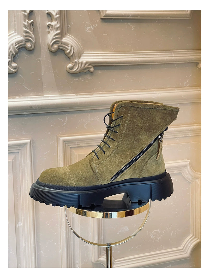 Green Martin boots frosted dark green lace-up double zipper round head heightened platform short boots