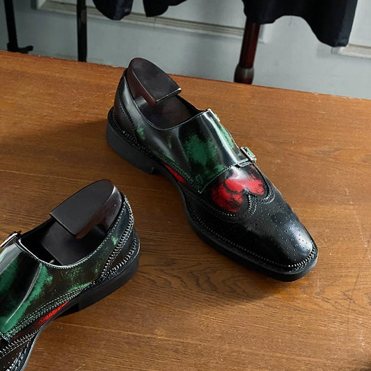 Color matching Munch shoes red and green leather shoes dress engraved shoes fashion flat button men's shoes