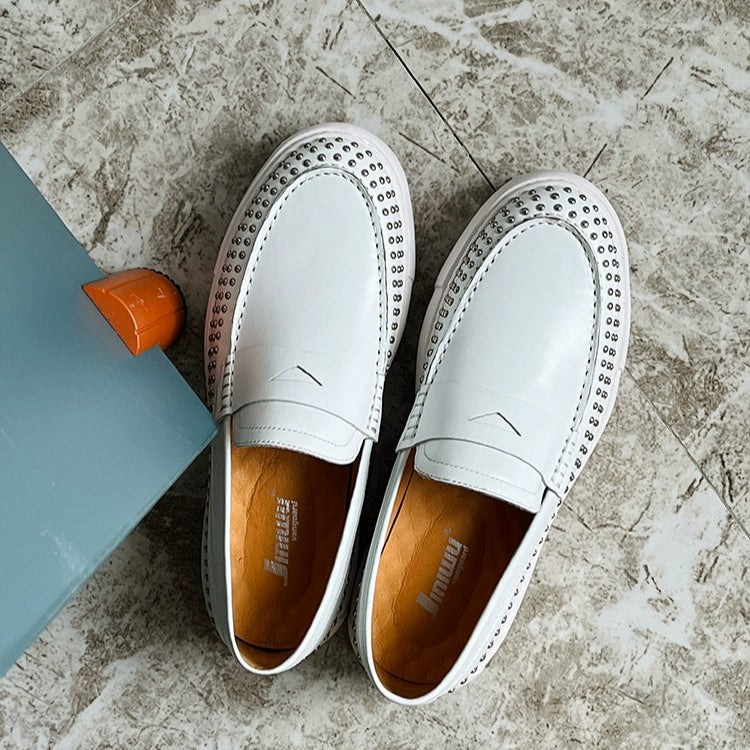 Casual board shoes, rivets, circles, soft soles, cowhide white one-pedal thick-soled men's shoes