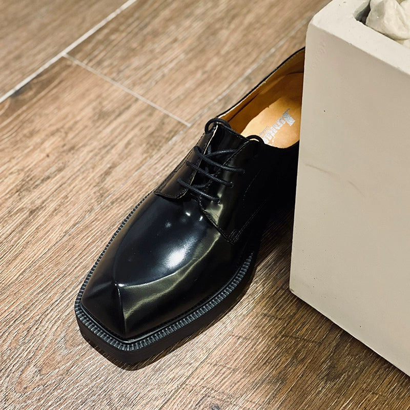 Special-shaped leather shoes personalized bottom first layer cowhide lace-up men's shoes black platform derby shoes