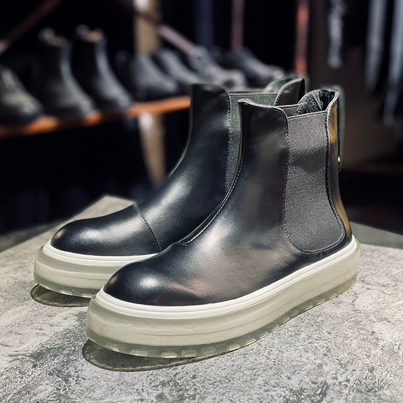 Transparent sole men's boots first layer cowhide Chelsea boots round head thick sole casual short boots