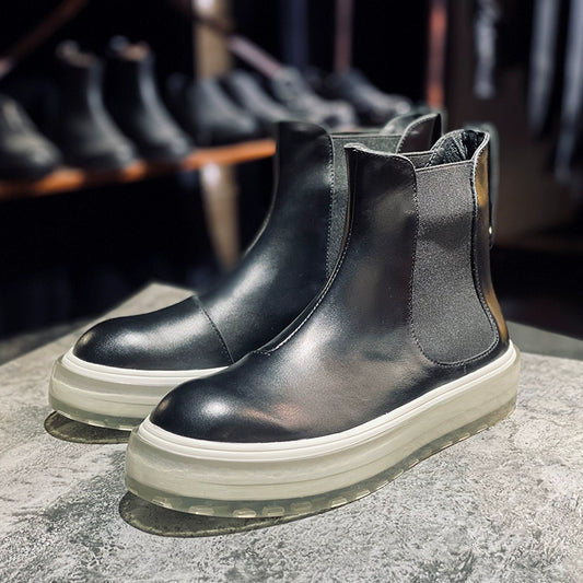 Transparent sole men's boots first layer cowhide Chelsea boots round head thick sole casual short boots