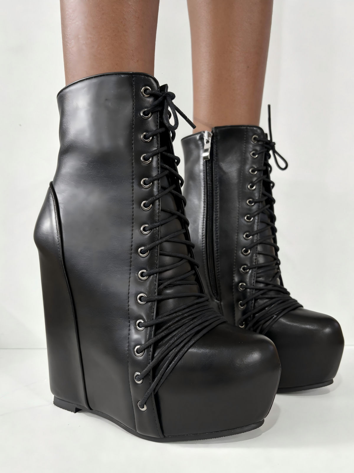 punk strap thick bottom waterproof table short boots women's slope heel super high heel black