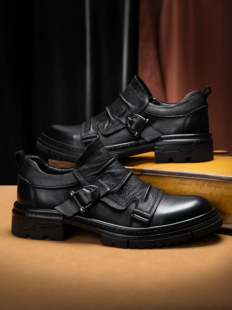 British retro casual leather shoes men's genuine leather one-pedal loafers platform-soled Chelsea Martin boots