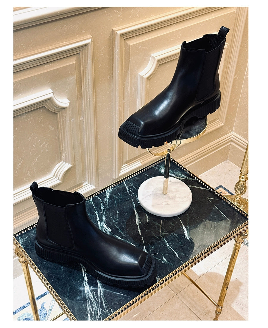 Square Head Chelsea Boots Cowhide Trend Sleeve Comfortable Lightweight Bottom Men's Boots Elastic Band