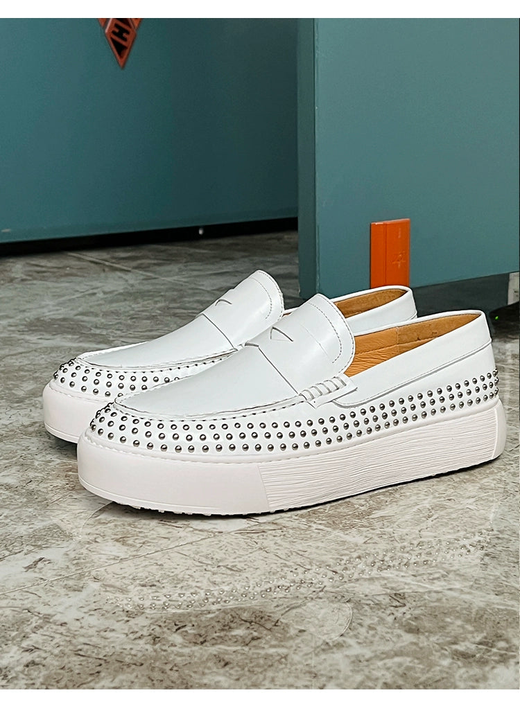 Casual board shoes, rivets, circles, soft soles, cowhide white one-pedal thick-soled men's shoes