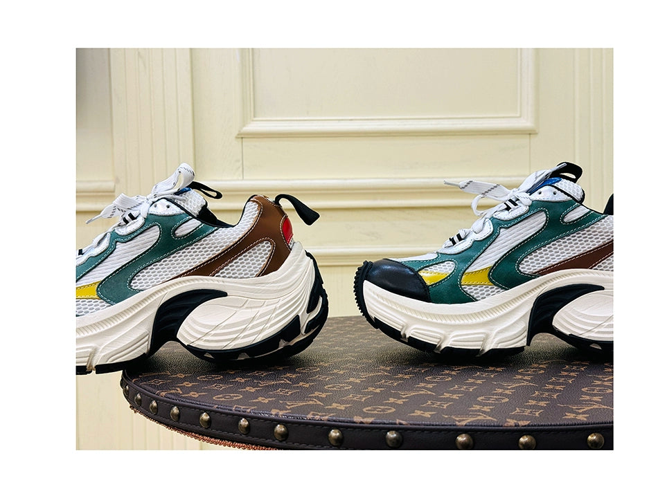 Contrasting color dad shoes black, green and yellow heightening cowhide original 8CM trendy fashion casual sports shoes