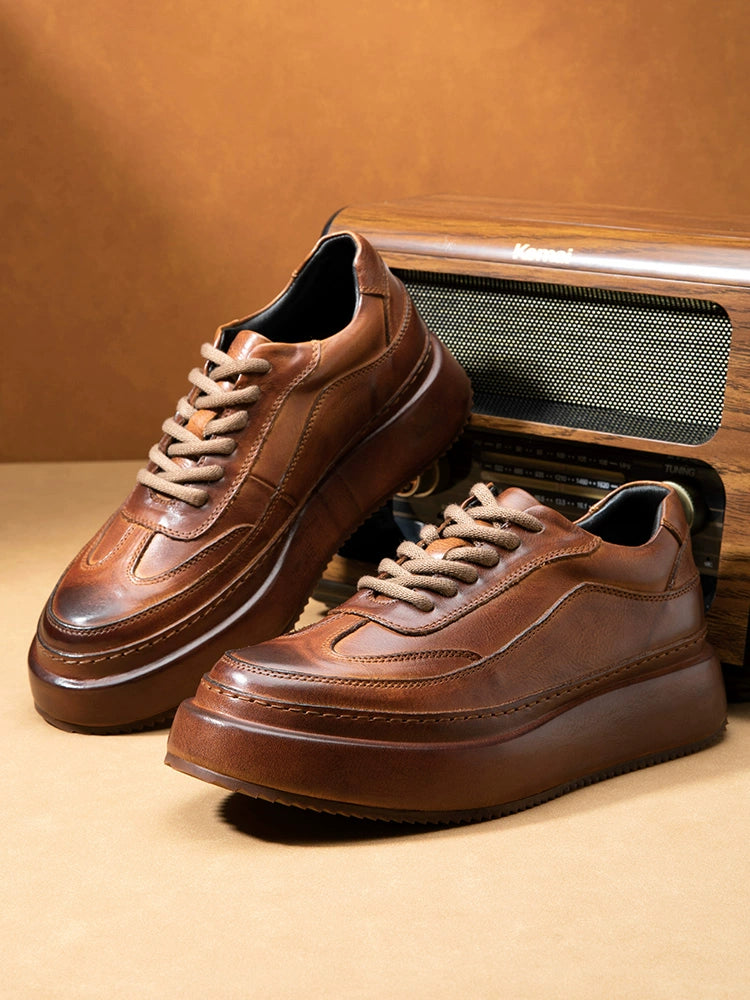 Inner heightening casual leather shoes men's genuine leather lace-up retro dad shoes thick sole first layer cowhide handmade