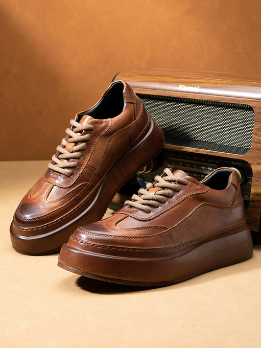 Inner heightening casual leather shoes men's genuine leather lace-up retro dad shoes thick sole first layer cowhide handmade