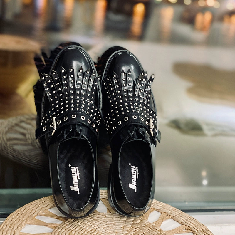 Rivet Munch shoes fringed buckle with oil black cowhide casual fashion shoes personalized leather shoes