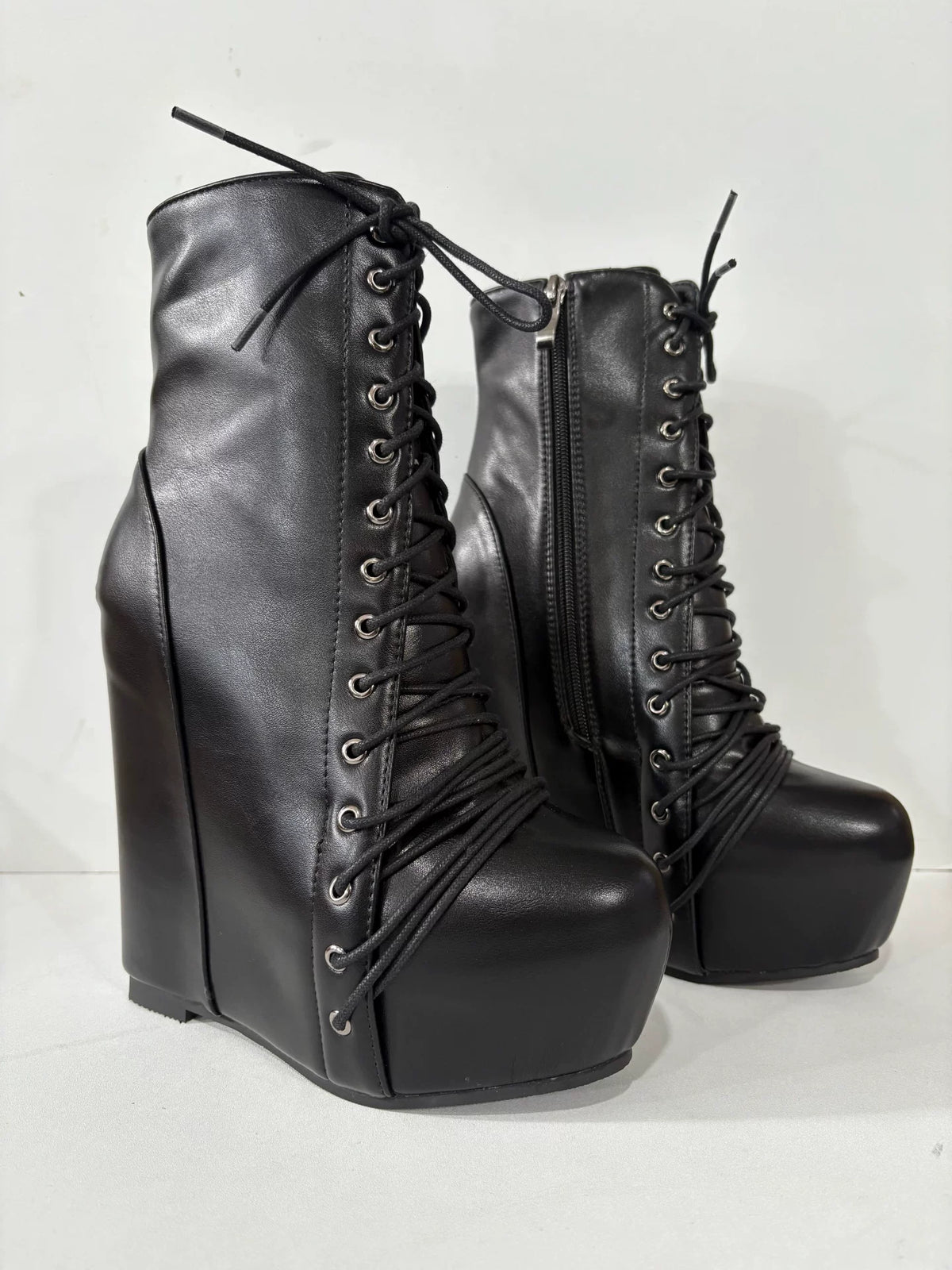 punk strap thick bottom waterproof table short boots women's slope heel super high heel black