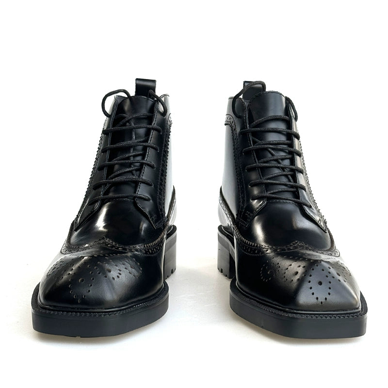 Carved Martin boots thick-soled special-shaped head pedicure cowhide bright black leather boots flat men's boots