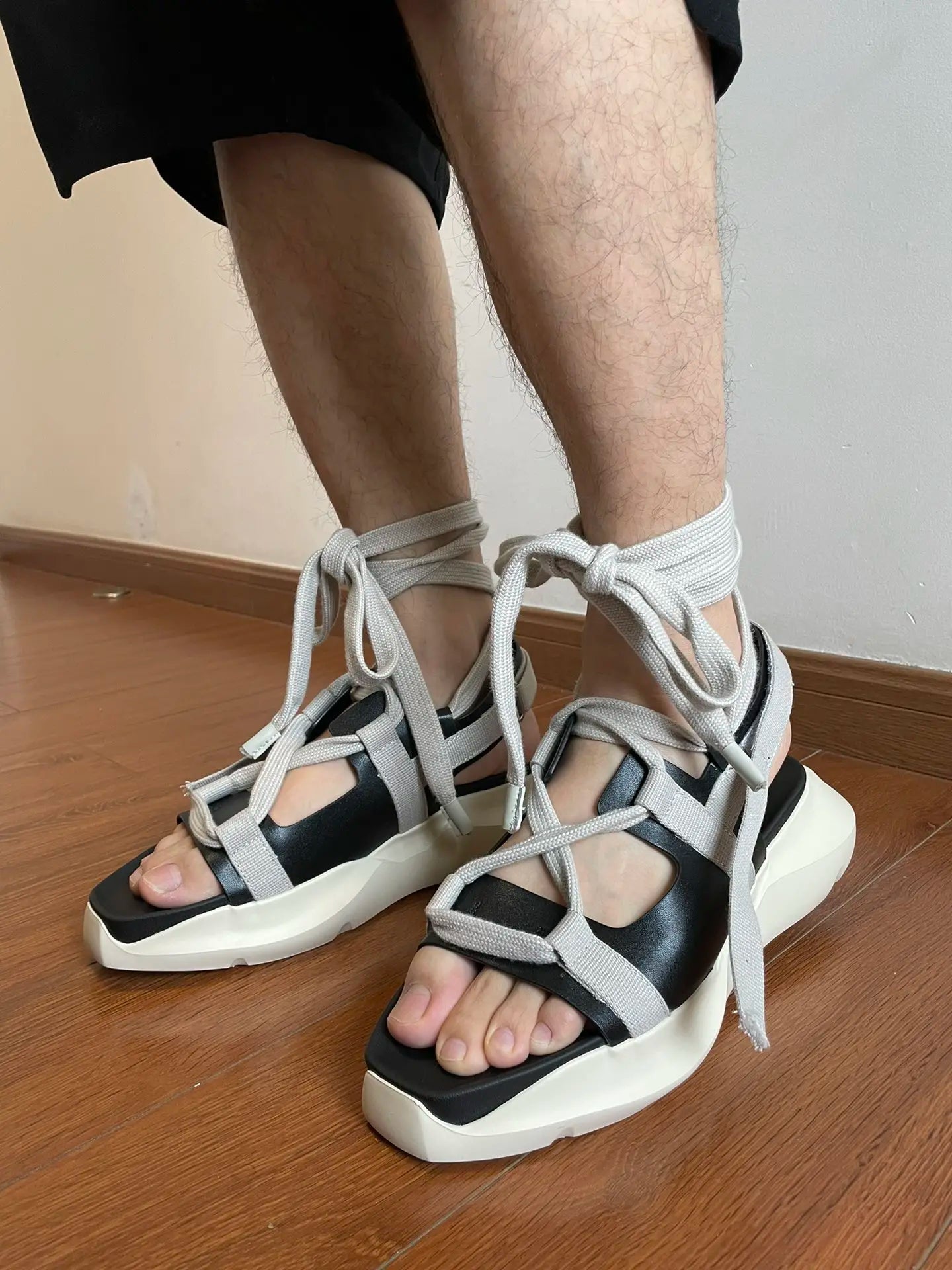 Men Sandals Platform Black Casual Rome Gladiator Leather  Summer Shoes