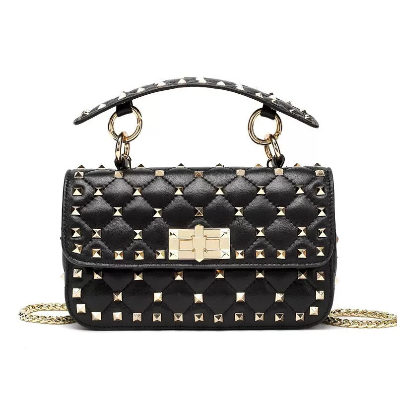 Rivet decoration Black Genuine Leather women Bags