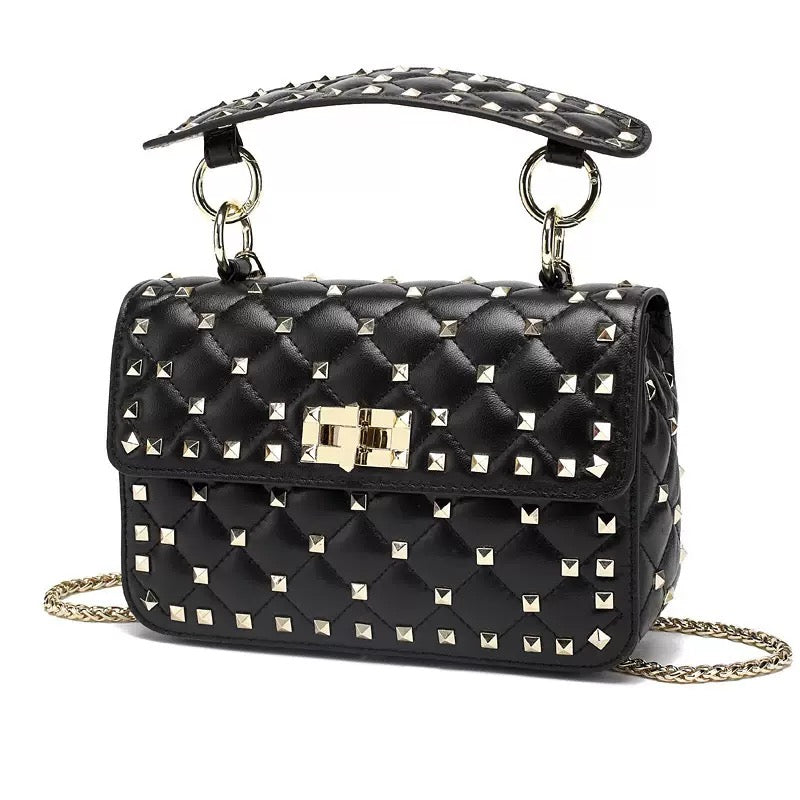 Rivet decoration Black Genuine Leather women Bags