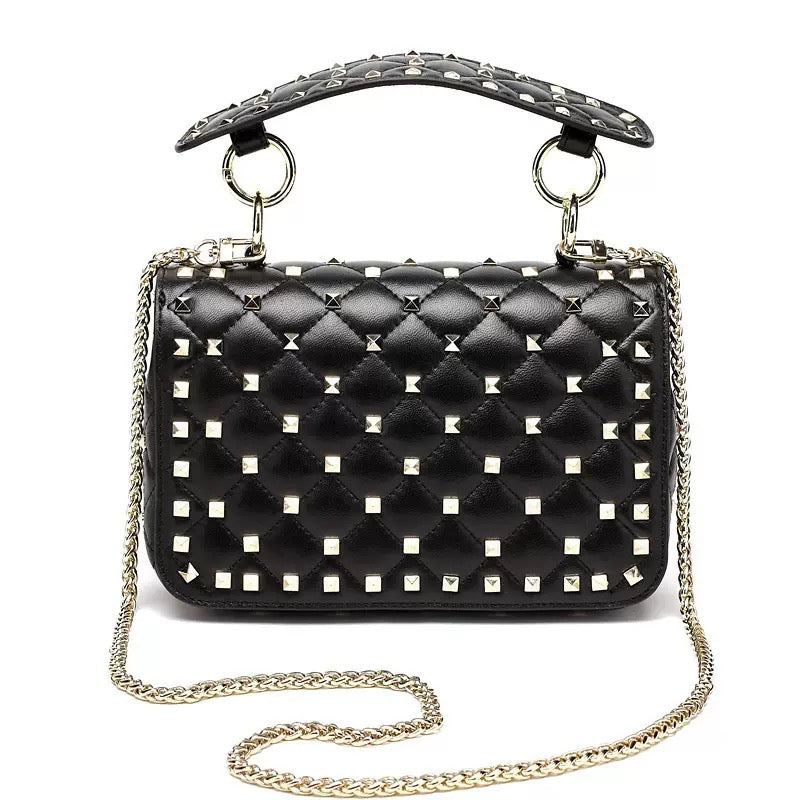 Rivet decoration Black Genuine Leather women Bags