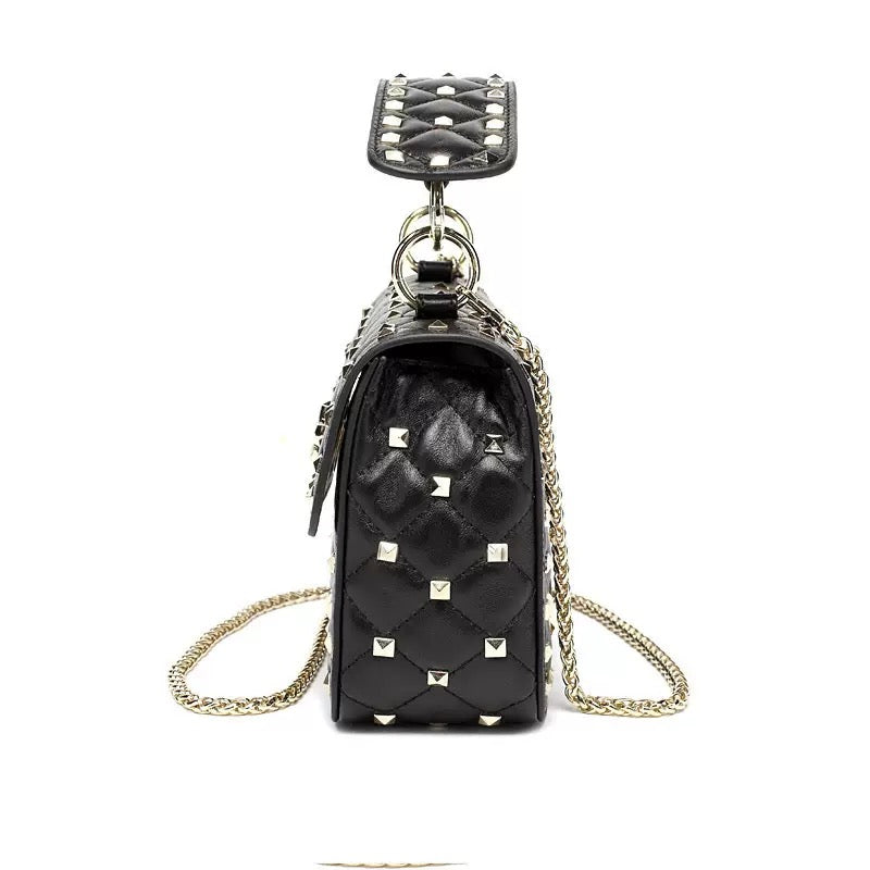 Rivet decoration Black Genuine Leather women Bags