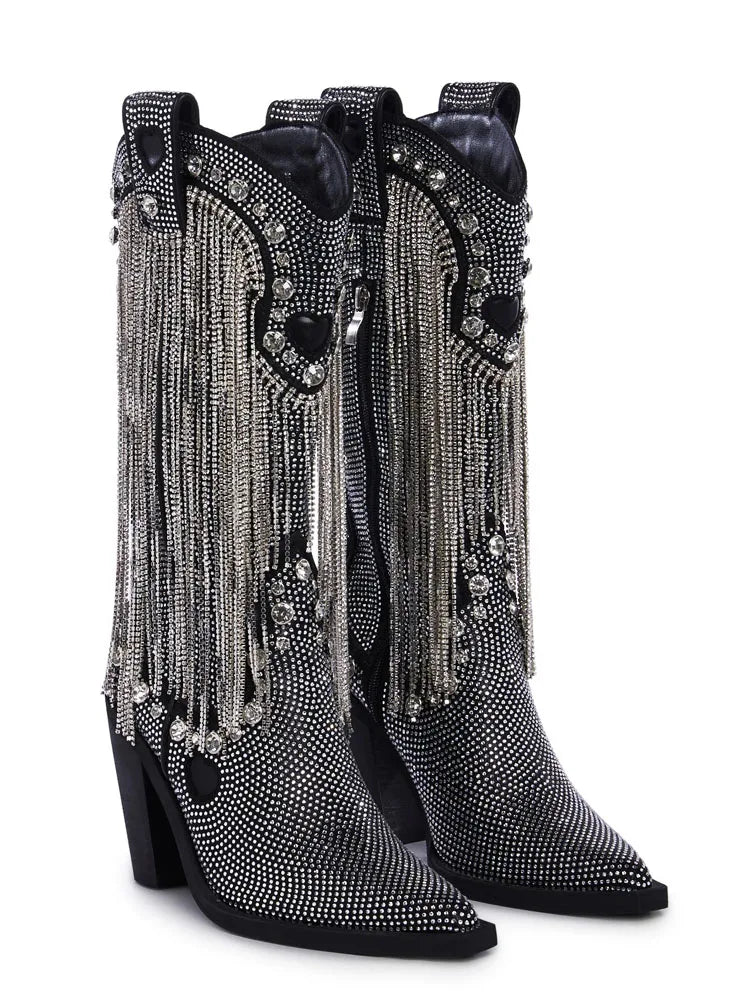 Rhinestone Fringe Detailing Knee-high Boots Jewel Studs Pointed Toe Side Zipper Block High Heels Women Boot