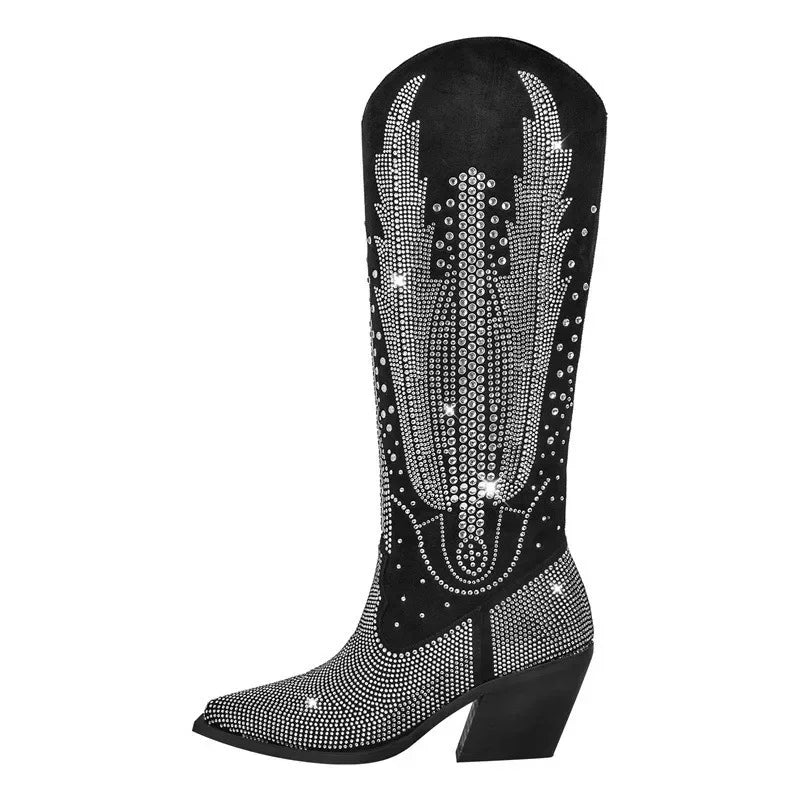 Handmade Hot Rhinestone Retro Western Cowboy Boots Women Performance Runway Fashion Thick Heel Knee High Boots