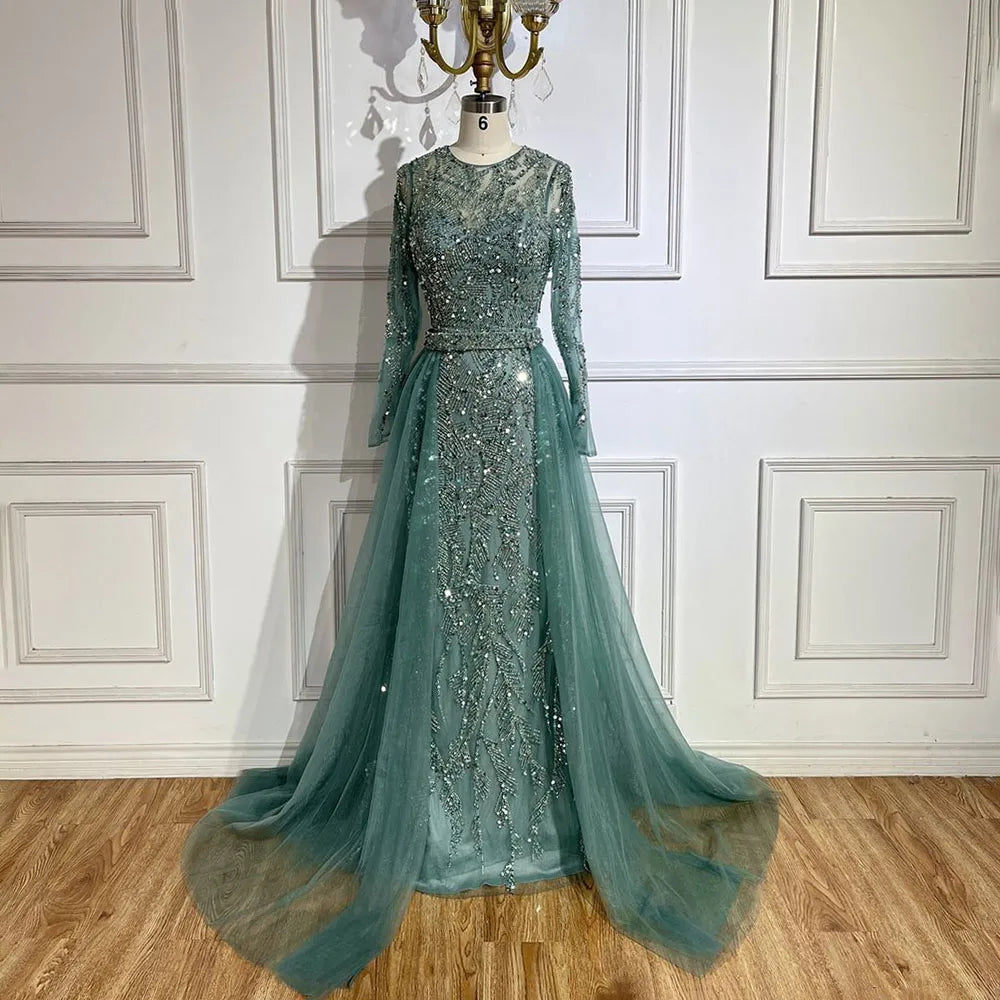 Elegant Beaded Mermaid Evening Gown with Sleeves – O-Neck Floor-Length Dress