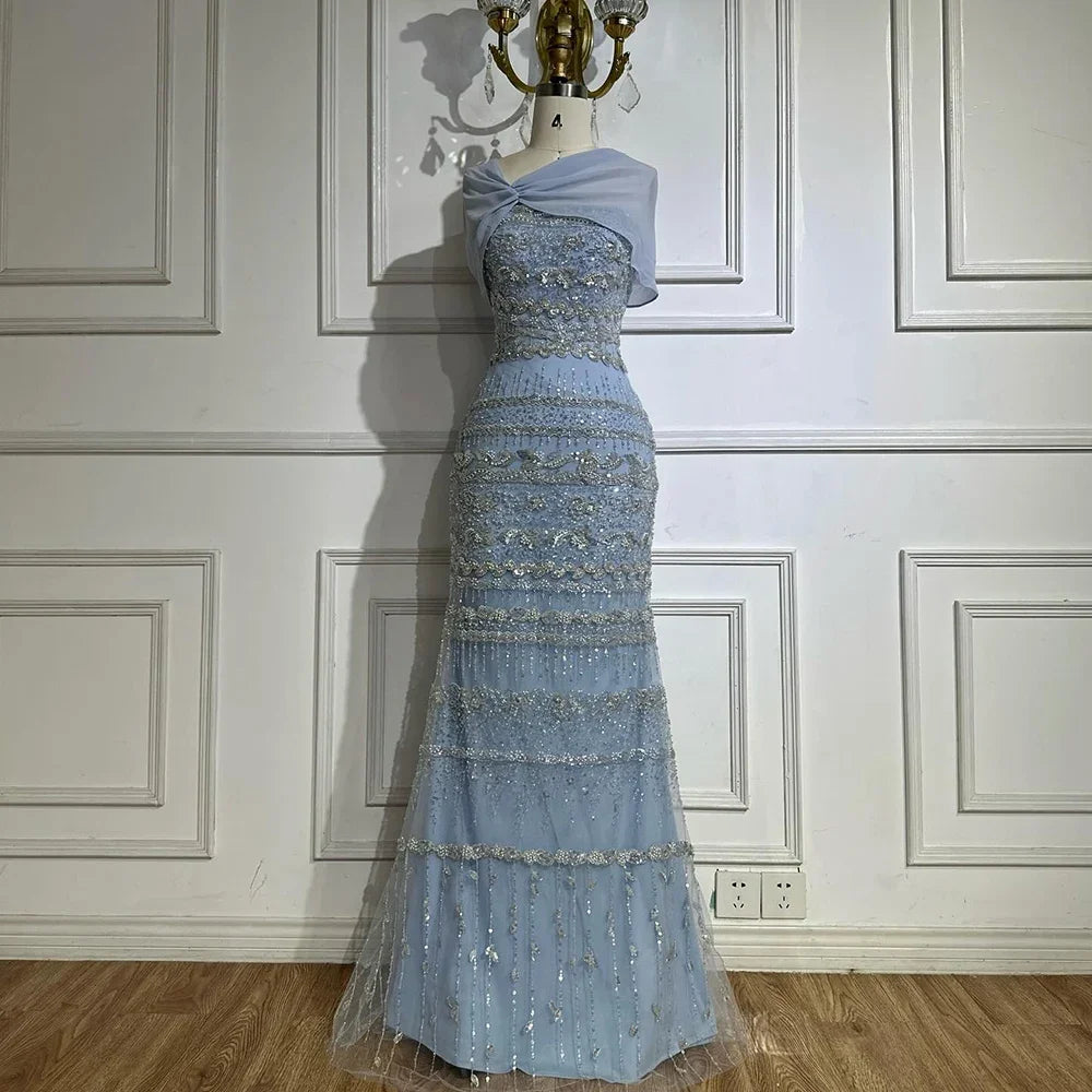 Saudi Arabic Sage Green Mermaid Beaded  Evening Dress with Long Cape  for Formal Occasion