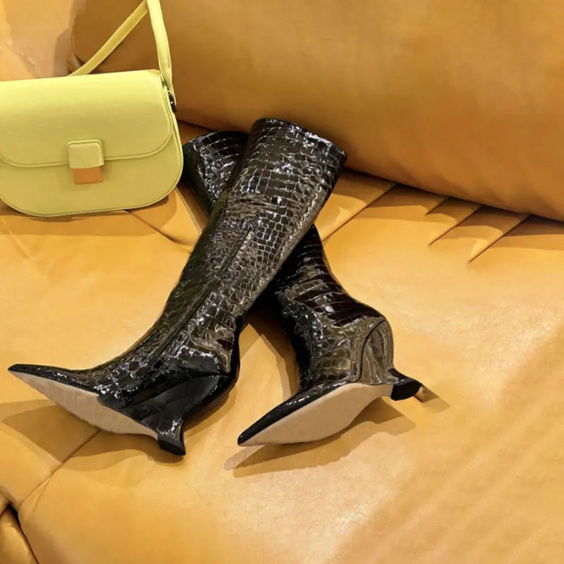 Woman's  Knee high boots Pointed toe Wedges Side zipper black Super high heel