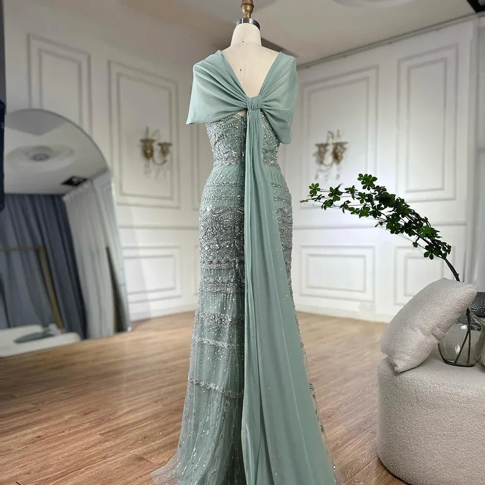 Saudi Arabic Sage Green Mermaid Beaded  Evening Dress with Long Cape  for Formal Occasion